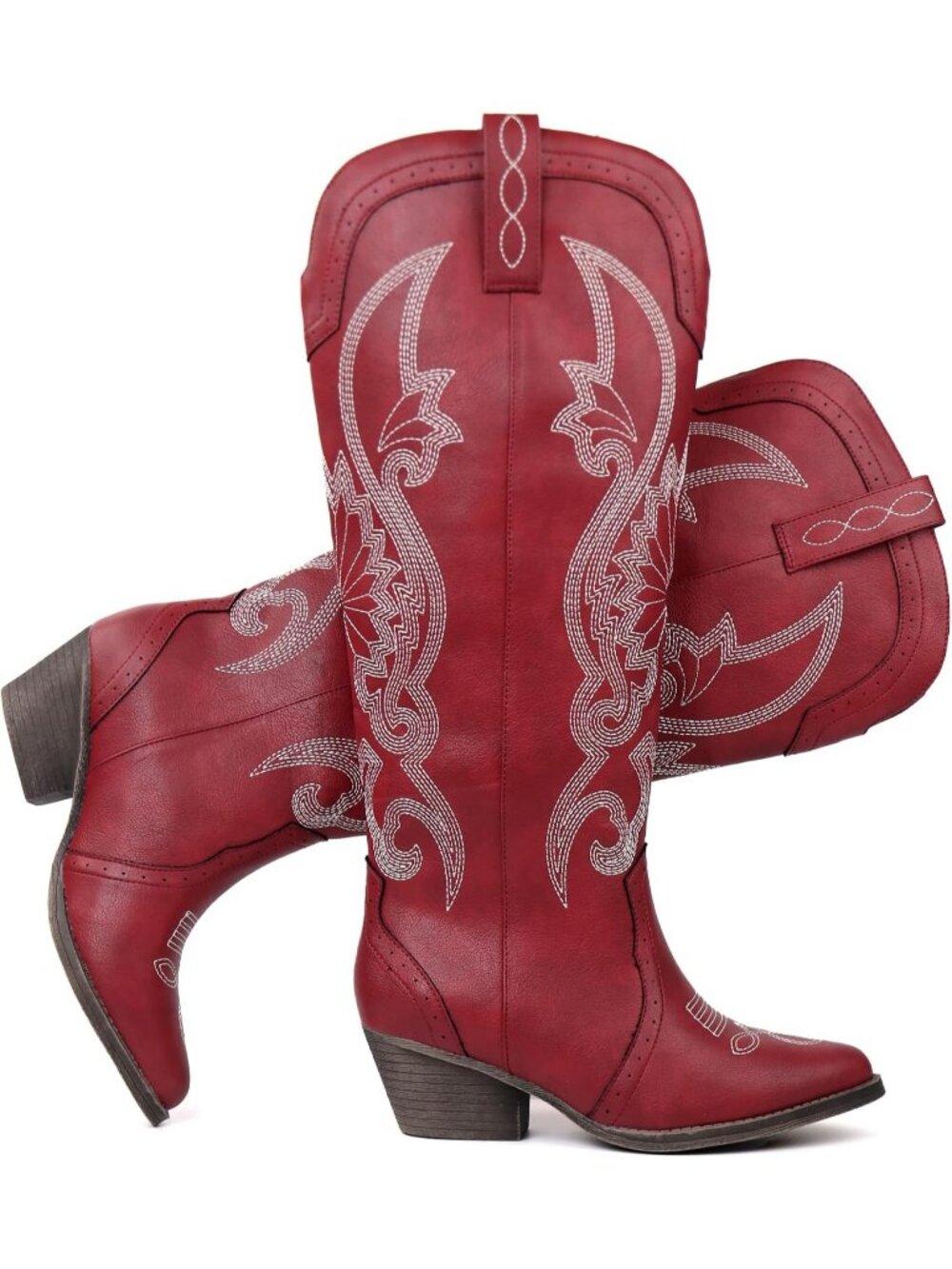 Women's Red Pointed Toe Block Heel Classic Embroidered Western Knee High Boots